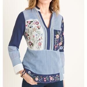 Sz 2 (12/14) Chicos Striped Embroidered Floral Patchwork Tunic Top Boho Coastal